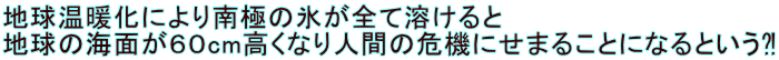 地球温暖化により南極の氷が全て溶けると 地球の海面が６０cm高くなり人間の危機にせまることになるという⁈